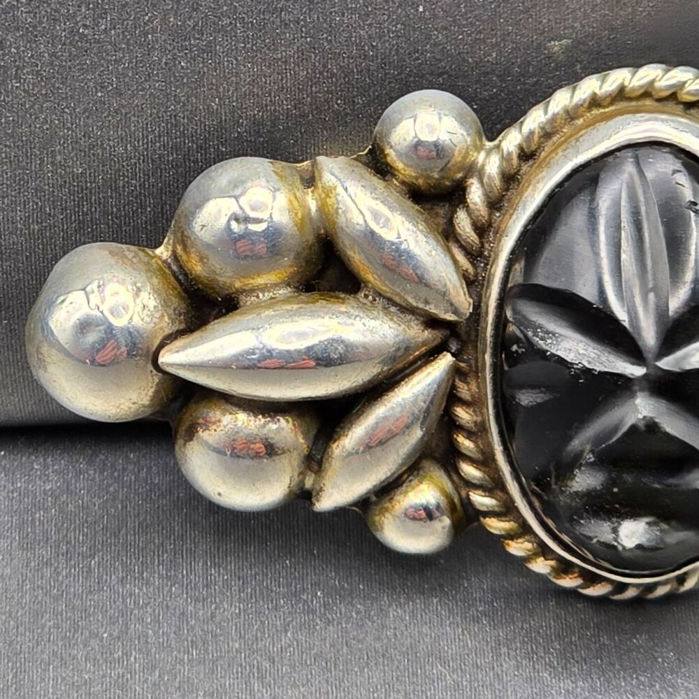 VTG Sterling Silver Black Onyx Brooch 2" Carved Face Mexico Tribal Style 7.65g - Picture 4 of 12